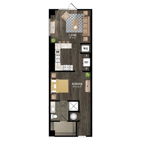 Floor plan for studio, 1 bath, 723 sqft